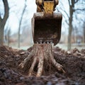 Excavator uprooting a tree trunk in a wooded area. Royalty Free Stock Photo