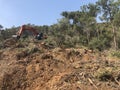 Excavator uproots stumps of cutted trees in the coniferous highland forest Royalty Free Stock Photo