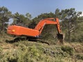 Excavator uproots stumps of cutted trees in the coniferous highland forest Royalty Free Stock Photo