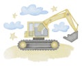 Excavator Watercolor illustration. Hand drawn clip art of Digger on isolated background. Baby toy car sketch. Truck