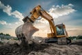 Excavator at work, digging dirt on construction site, industrious scene Royalty Free Stock Photo