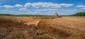 Excavator work on the pit construction of an agricultural complex in the Kaluga region of Russia.