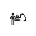 Excavator working black vector concept icon. Excavator working flat illustration, sign Royalty Free Stock Photo
