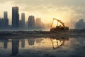 excavator working on construction site with cityscape background at sunset, Depressing the cityscape with the construction of new