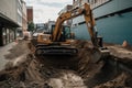Excavator working on a construction site. Heavy duty construction equipment at work. An excavator digging a deep pit on an urban Royalty Free Stock Photo