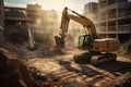 Excavator working on a construction site. Heavy duty construction equipment at work. Generative AI Royalty Free Stock Photo