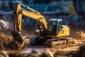 Excavator working on a construction site. Heavy duty construction equipment at work. Generative AI Royalty Free Stock Photo