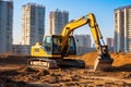 Excavator working on a construction site. Heavy duty construction equipment at work. Generative AI Royalty Free Stock Photo