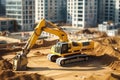 Excavator working on a construction site. Heavy duty construction equipment at work. Generative AI Royalty Free Stock Photo