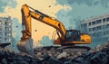 Excavator working on demolition site amidst rubble and abandoned buildings Royalty Free Stock Photo