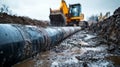 Excavator working on a muddy pipeline construction site. Royalty Free Stock Photo