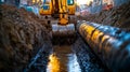Excavator working on a pipeline installation at construction site. Royalty Free Stock Photo