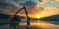 Excavator Works at Sunset, Reflecting Golden Light. Construction Site Theme Royalty Free Stock Photo
