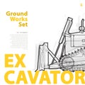 Excavator - yellow and orange typography set of ground works machines vehicles. Royalty Free Stock Photo