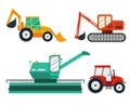 Excavators, tractor, combine on white background. Agricultural vehicle, farm machine.