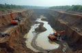 Excavators work in a deep pit filled with murky water and mud. Diggers move earth and debris shaping the landscape. Construction Royalty Free Stock Photo