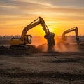Excavators Working at Sunset on a Construction Site Royalty Free Stock Photo
