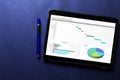 Excel project dashboard concept on tablet screen with blue pen on blue pattern Royalty Free Stock Photo