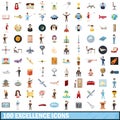 100 excellence icons set, cartoon style