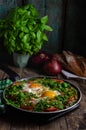Excellent breakfast lunch - shakshuka. Fried eggs with vegetables in a frying pan Royalty Free Stock Photo