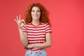 Excellent choice good. Attractive cheerful european redhead curly woman show okay ok approval gesture smiling toothy