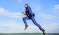 Excellent internet provider raise up quality connection. Internet connection so fast. Man with laptop jump or fly in air Royalty Free Stock Photo