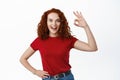 Excellent job. Pleased redhead girl with curly hair say alright yes, showing Okay sign and smiling satisfied, approve