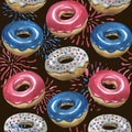 Watercolor pattern, glazed donuts, fireworks. All elements in the colors of the USA flag.