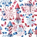 Watercolor pattern, salutes, rockets, confetti. All elements in the colors of the USA flag.