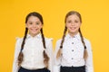 Excellent pupils. Girls perfect uniform outfit on yellow background. According to school rules. Classmates tidy pupils