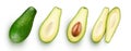 Excellent set of avocados. Whole, halves and quarters of avocado isolated on white background. Excellent retouching and high