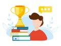 Excellent student. outstanding student. Power of education. Young boy with winner cup standing on stack of books. Vector