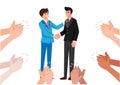 Great! Two cheerful businessmen shaking hands while colleagues applaud and smile in the background. vector illustration