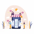 Excellent user experience customer satisfaction concept with people enjoy mobile shopping and share five star reviews. Positive