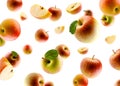 Excellently retouched multi colored apples with leaves whole halves and slices fly and levitate in space. Surround light from Royalty Free Stock Photo