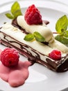 Exceptional dessert: white and dark chocolate cannelloni with delicate mascarpone mousse and fresh raspberries Royalty Free Stock Photo