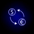 exchange arrow dollar euro icon in neon style. Element of finance illustration. Signs and symbols icon can be used for web, logo, Royalty Free Stock Photo