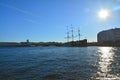 The Exchange bridge and Kronwerk on Neva river in St. Petersburg, Russia