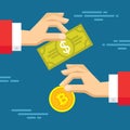 Exchange of digital currency bitcoin and dollar - vector concept illustration in flat style. Human hands banner.