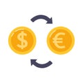 Exchange dollar for euro. Gold coins and arrows in between..Currency exchange. Vector illustration in flat style Royalty Free Stock Photo