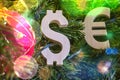 Exchange rating. Euro, Dollar on Green Christmas tree with red vintage ball decorations Royalty Free Stock Photo