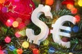 Exchange rating. Euro, Dollar on Green Christmas tree with red vintage ball decorations Royalty Free Stock Photo