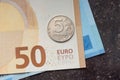 Exchange of russian rubles. Five rubles and fifty euros. Close up