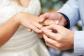 Exchange Of Wedding Rings. Wedding ceremony. Groom puts on golden wedding ring to bridal`s finger, closeup. Bride and groom Royalty Free Stock Photo