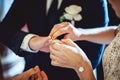 Exchanging wedding rings. Bride puts a ring on the groom`s finger