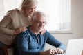 Happy aged couple looking at laptop screen smiling Royalty Free Stock Photo