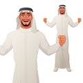 Excited Arab man celebrating success with raised hands and wide smile. Vector cartoon character.