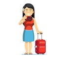Excited Asian tourist woman standing with luggage