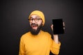 Cheerful hipster showing tablet Royalty Free Stock Photo