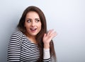 Excited beautiful woman surprising and looking. Woman with open Royalty Free Stock Photo